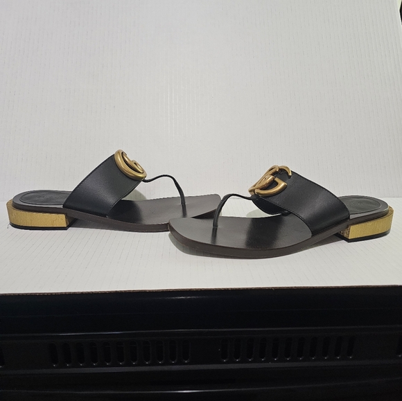 Gucci Marmont GG Thong Sandal Gold Heel Black - Picture 8 of 14